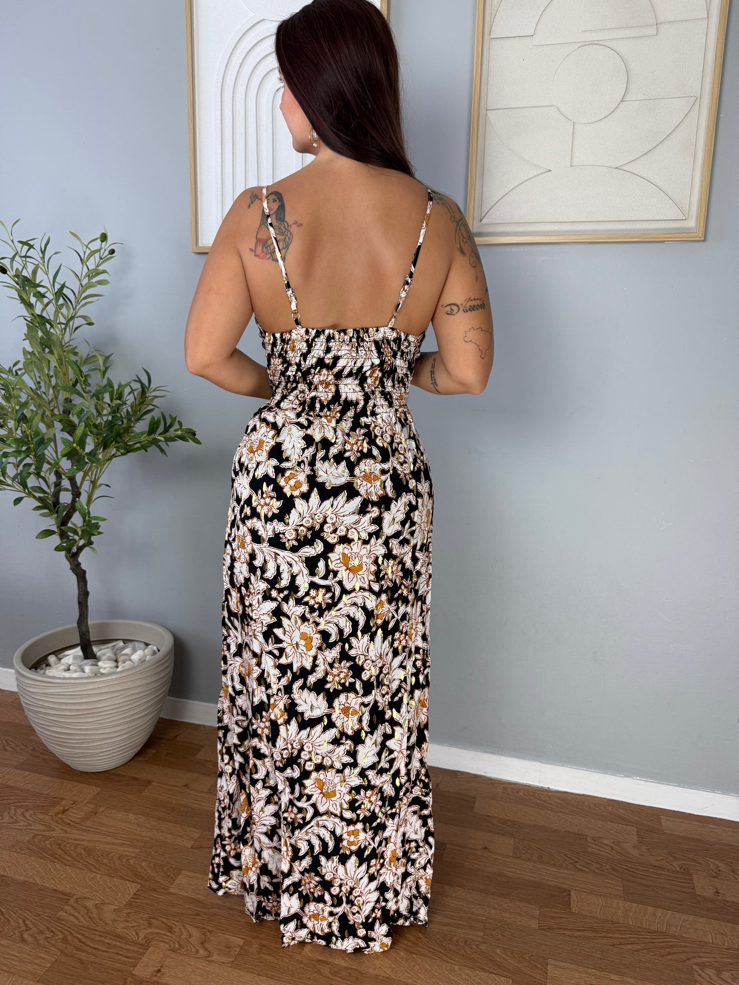 Robe Longue Noire à Imprimé Blanc FLORA