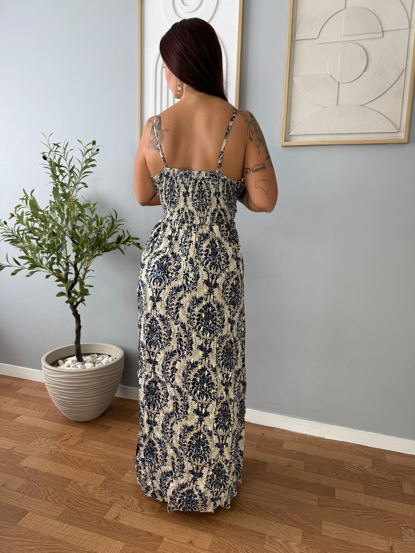 Robe Longue Beige à Imprimé Bleu FLORA