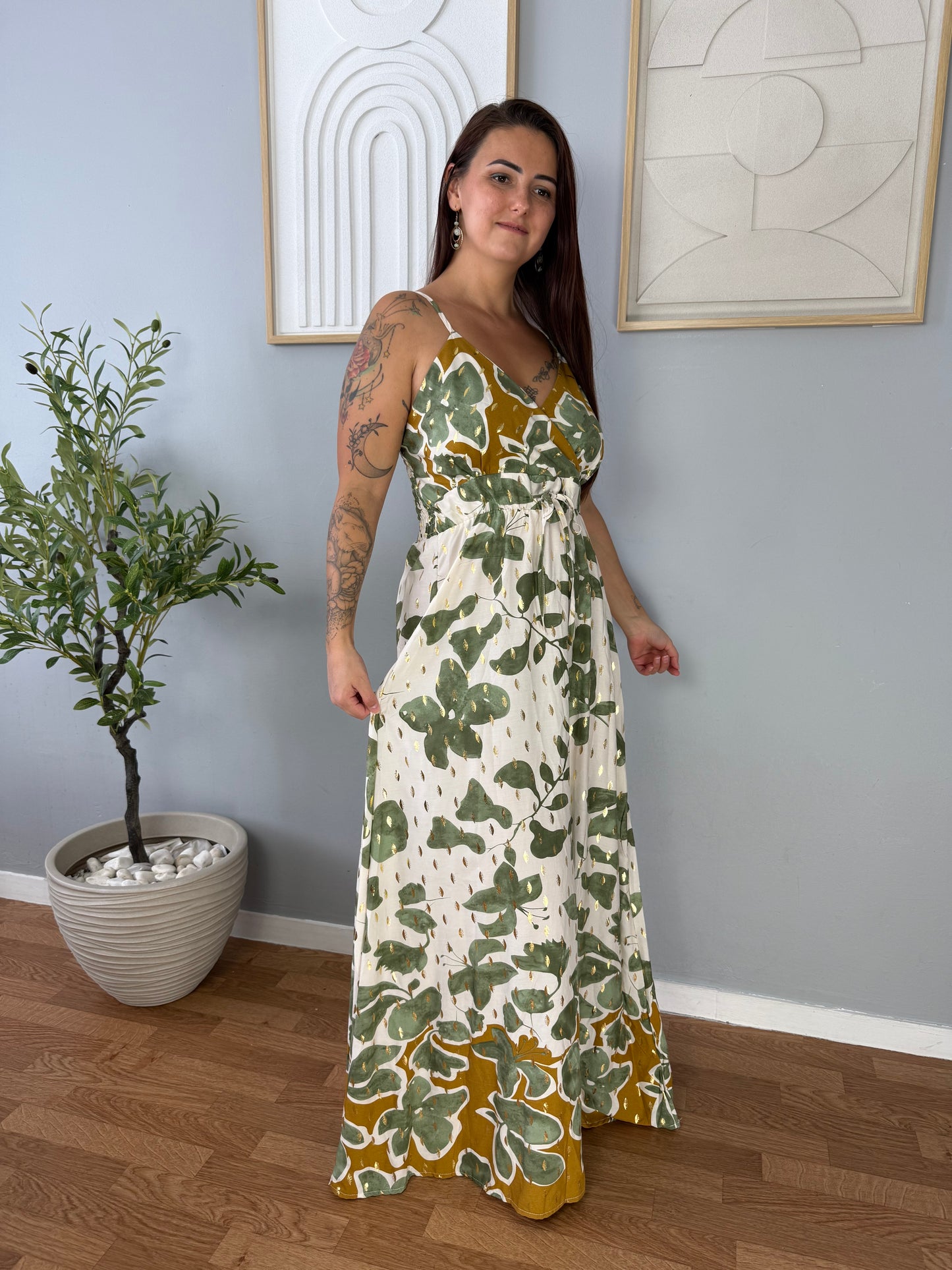 Robe Longue Beige à Imprimé Vert Sauge FLORA
