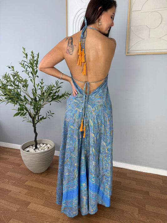 Robe bohème bleu classique fleurie JASMIN