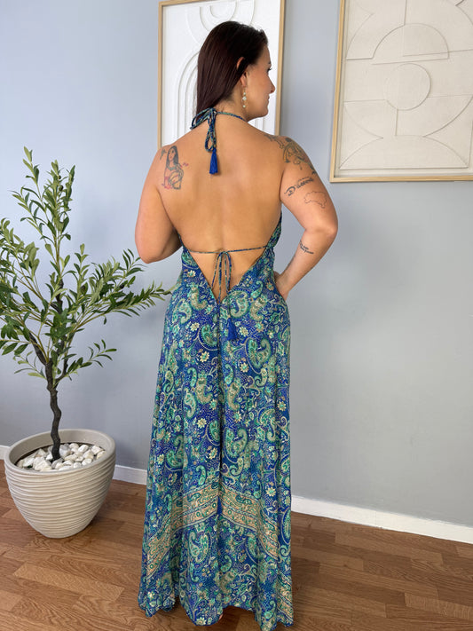 Robe bohème bleu foncé motifs verts LYA
