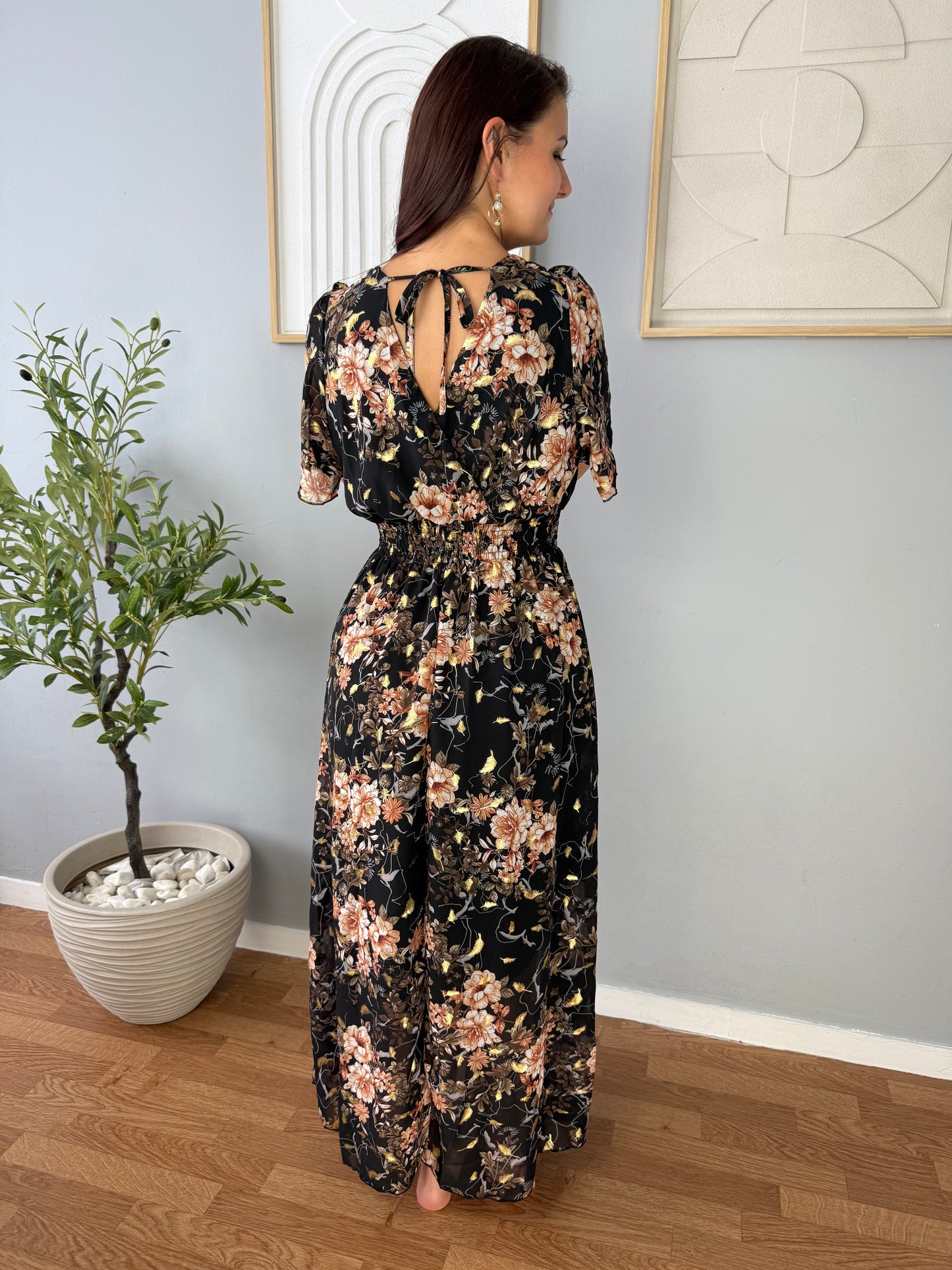 Robe Noire Longue Motifs Marron LYS