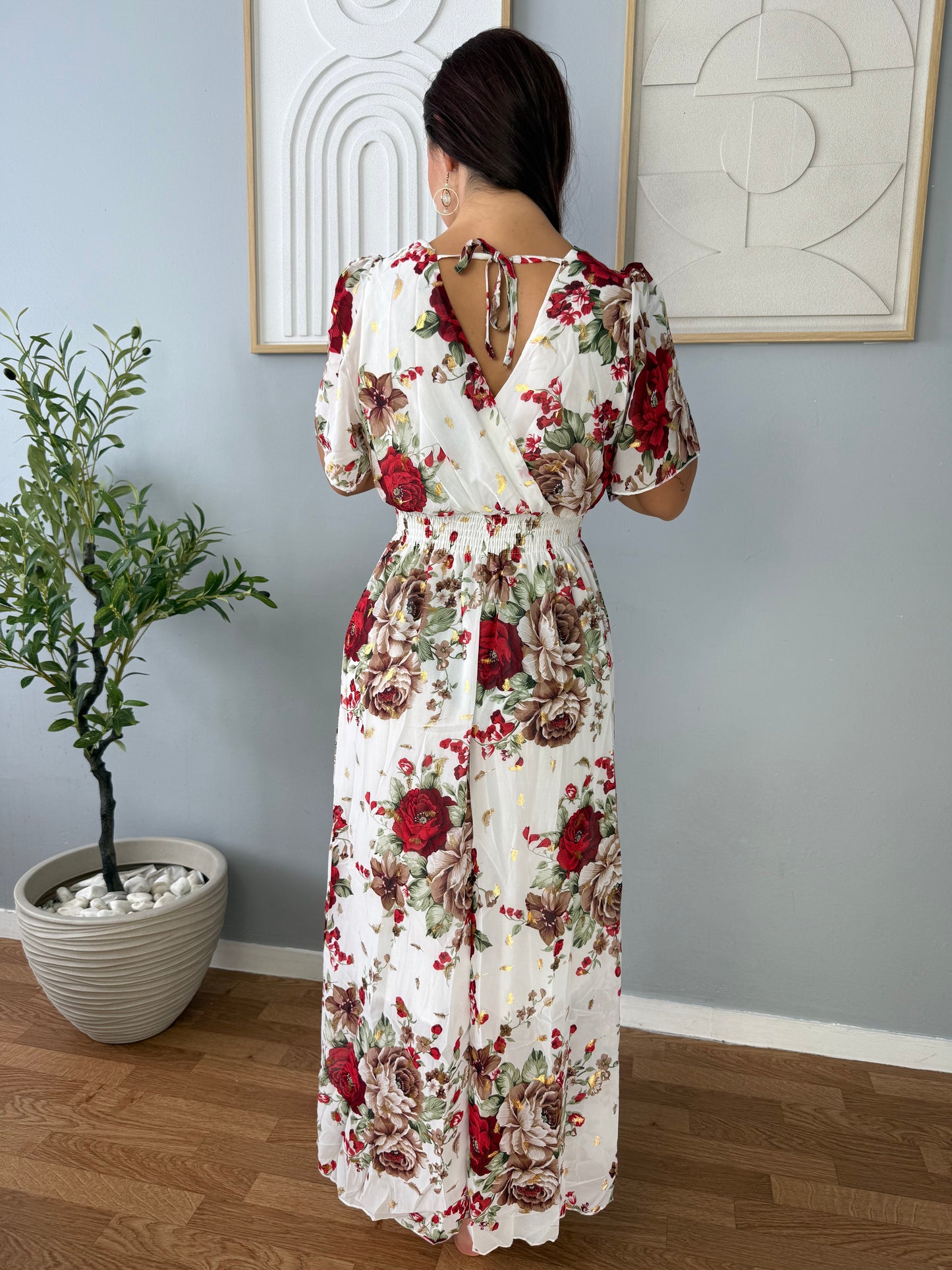Robe Blanche Longue Motifs Rouges/Marron LYS