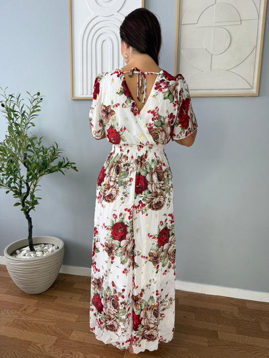 Robe longue blanche motifs rouges/marron LYS