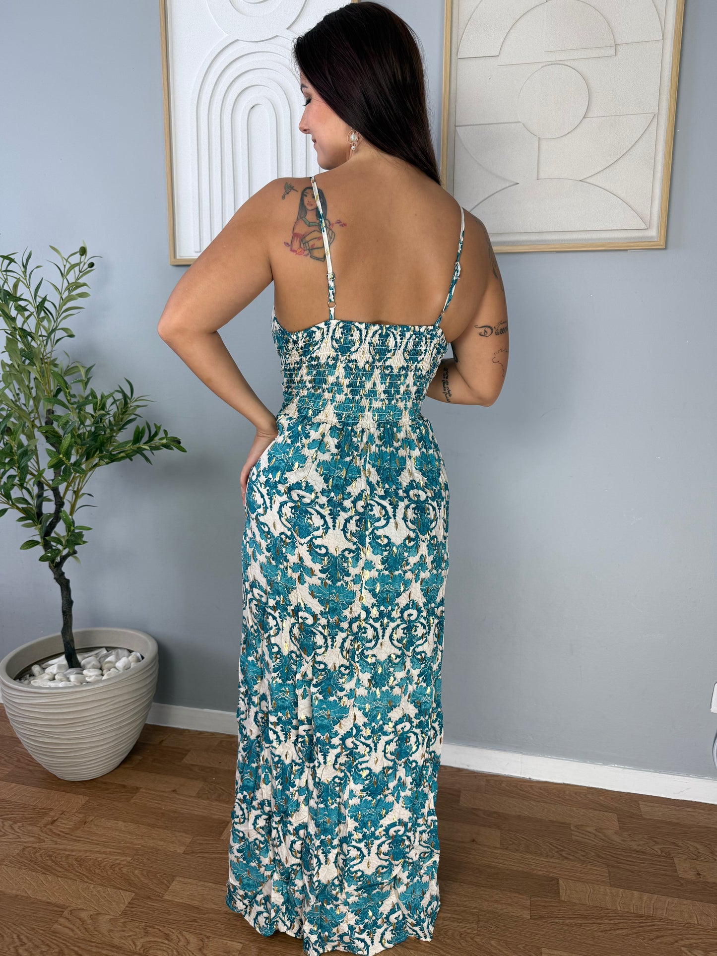 Robe Longue Beige à Imprimé Bleu Turquoise FLORA