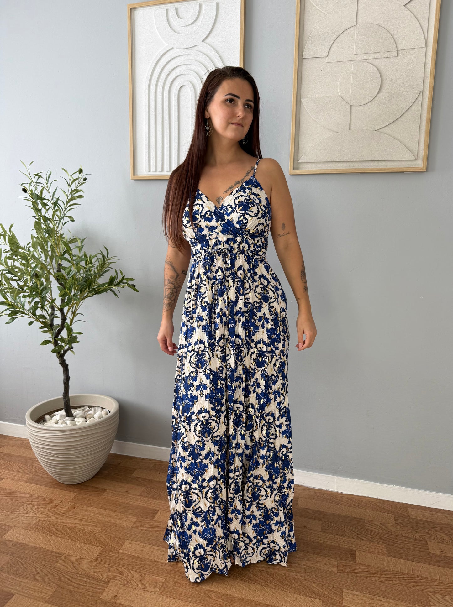 Robe Longue Beige à Imprimé Bleu Foncé FLORA
