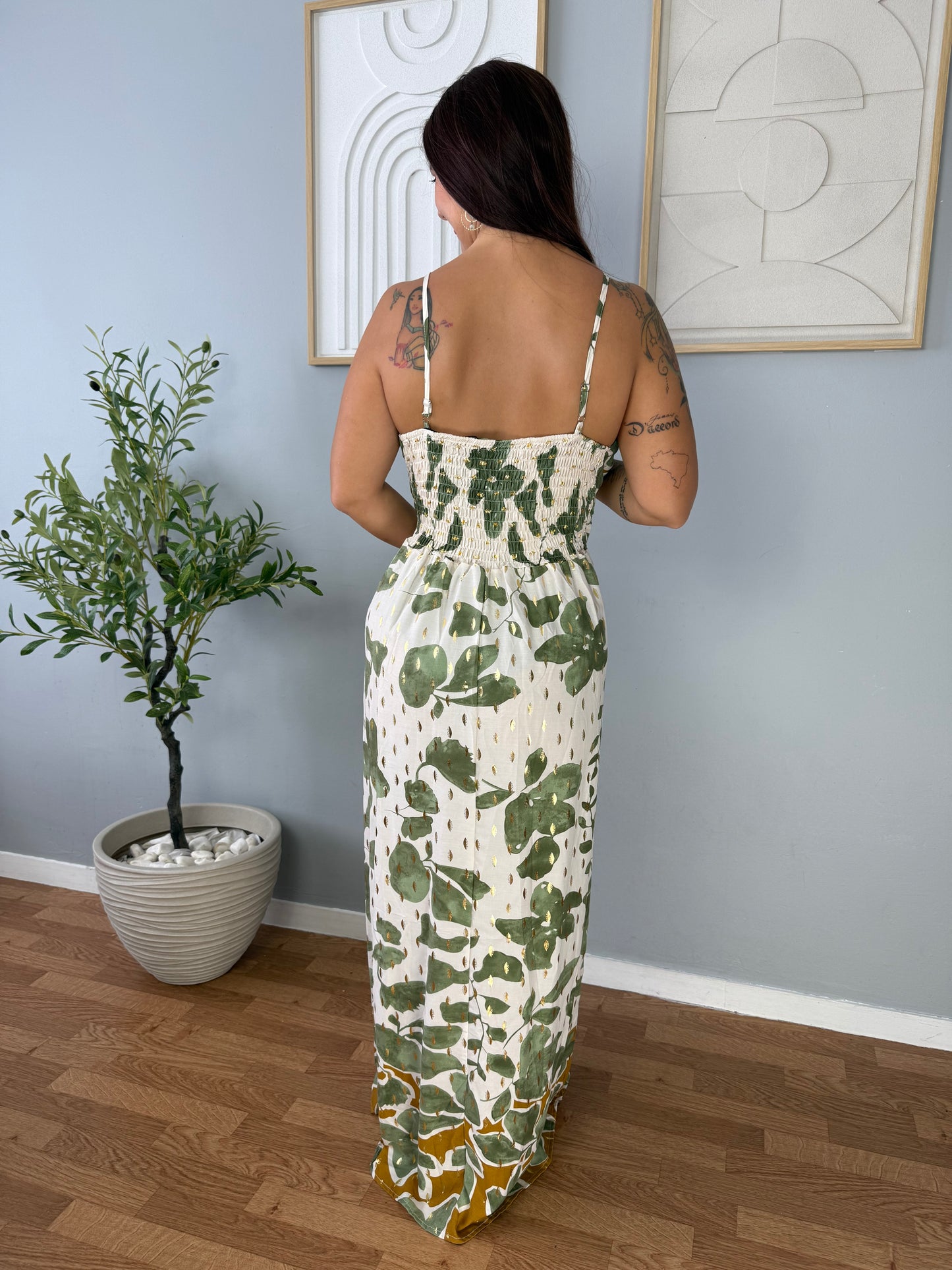 Robe Longue Beige à Imprimé Vert Sauge FLORA