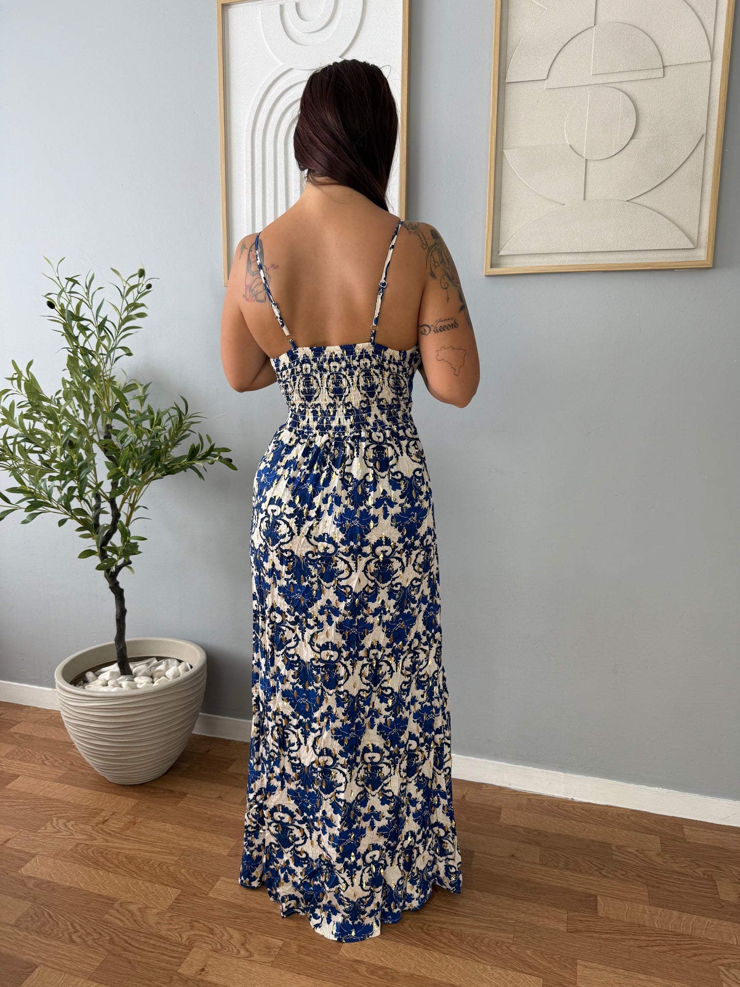 Robe Longue Beige à Imprimé Bleu Foncé FLORA