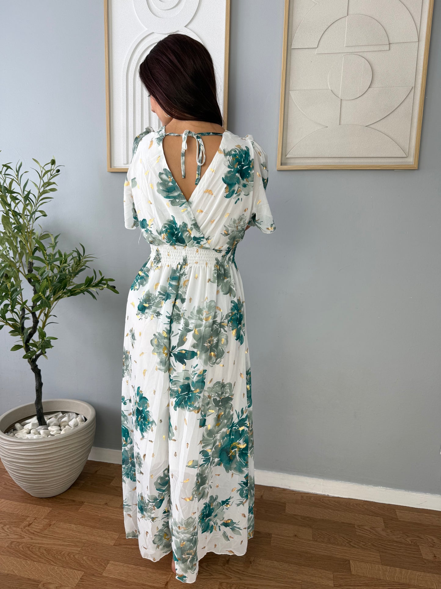 Robe Blanche Longue Motifs Verts LYS