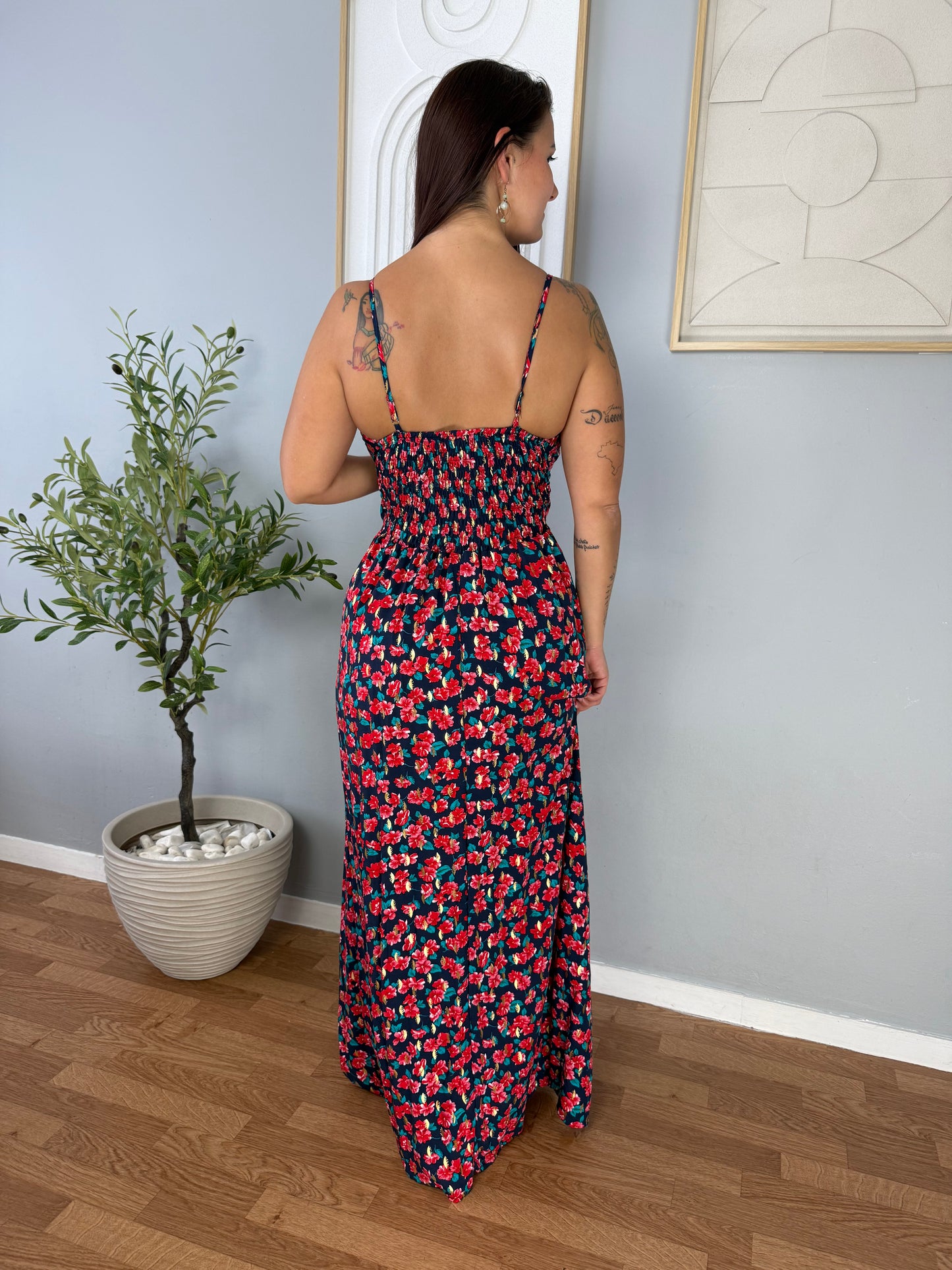 Robe Longue Bleue à Imprimé Rouge FLORA