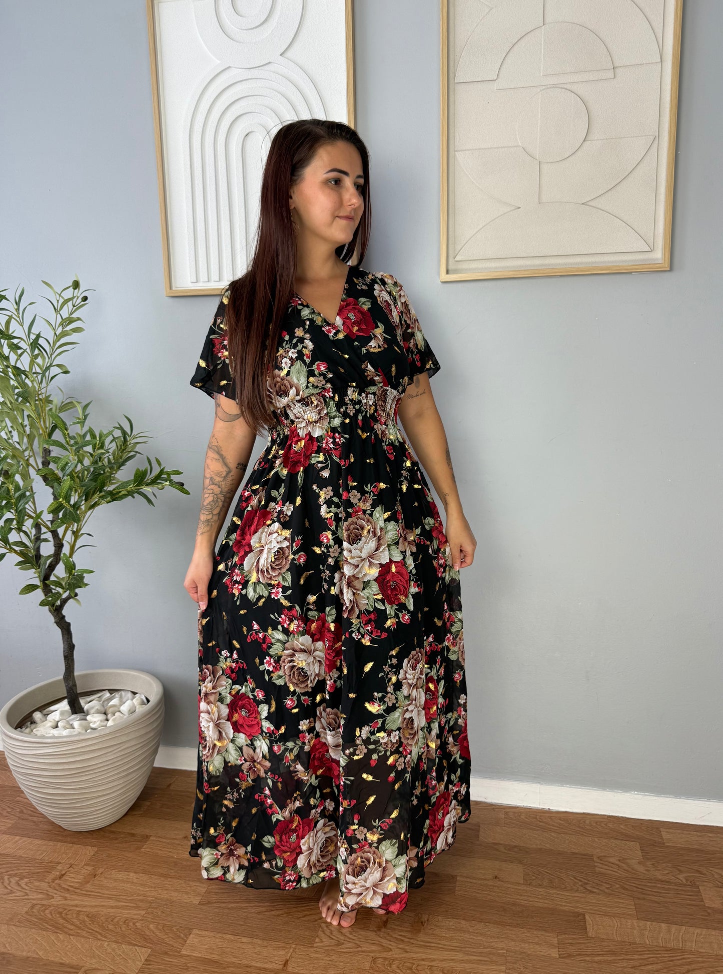 Robe Noire Longue Motifs Rouges LYS