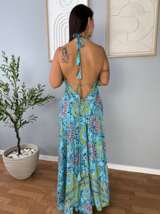 Robe bohème bleu imprimés colorés NINA