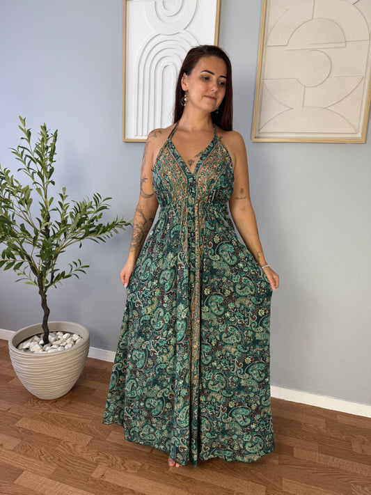 Robe Bohème Noire Motifs Verts LYA