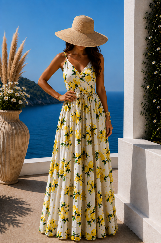 Robe longue blanche  à motifs citron