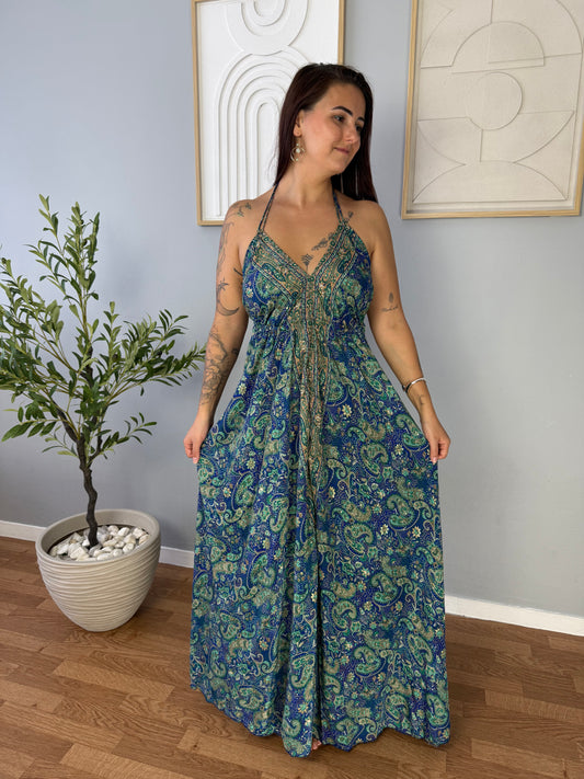 Robe Bohème Bleu Foncé Motifs Verts LYA