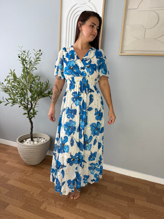 Robe Blanche Longues Motifs Bleus LYS