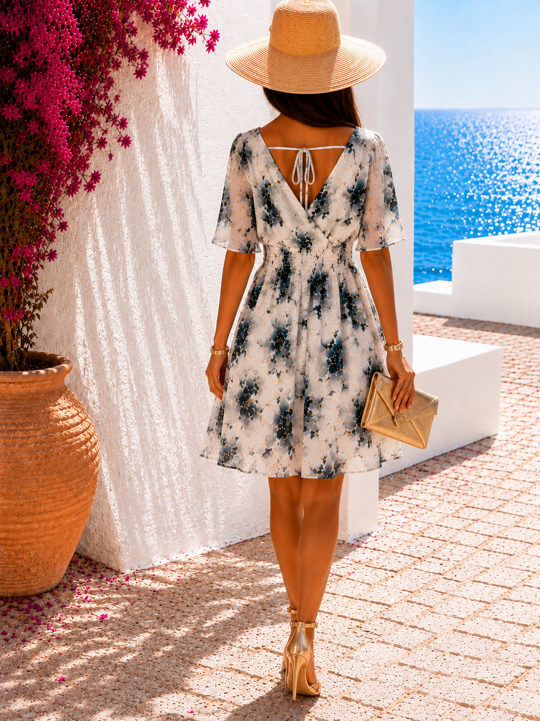 Robe courte blanche à motifs noirs