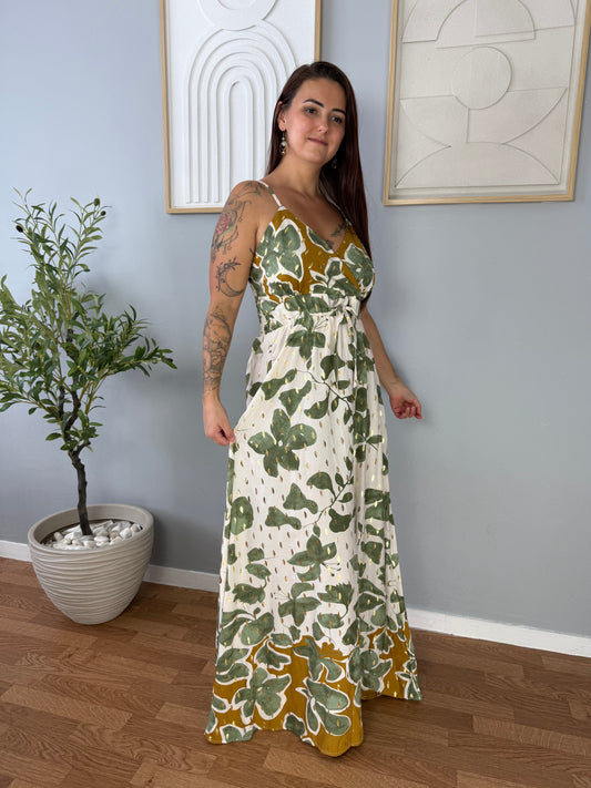 Robe Longue Beige à Imprimé Vert Sauge FLORA