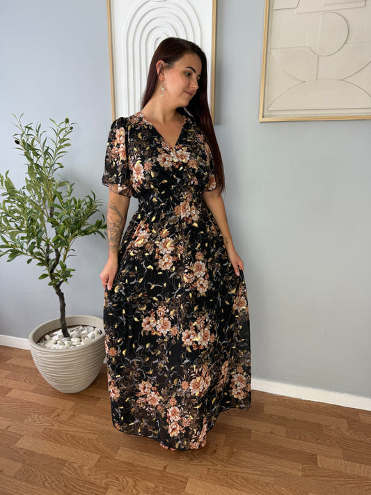 Robe Noire Longue Motifs Marron LYS