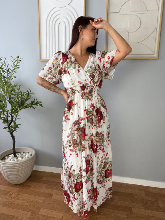 Robe Blanche Longue Motifs Rouges/Marron LYS