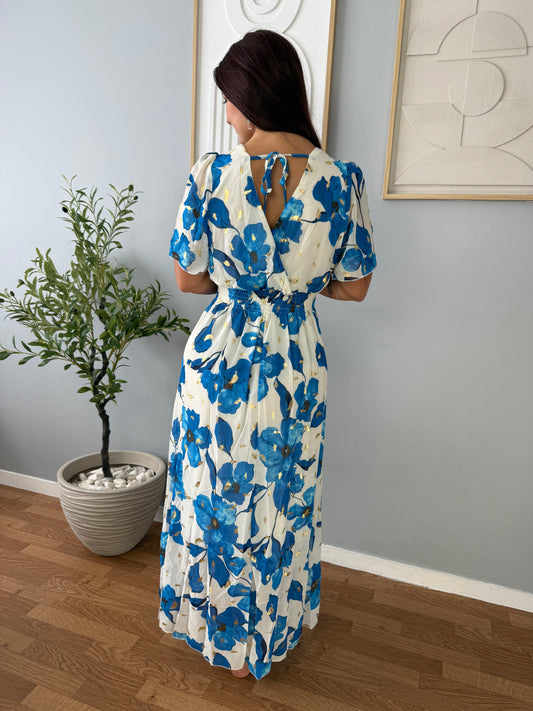 Robe longue blanche motifs bleus LYS