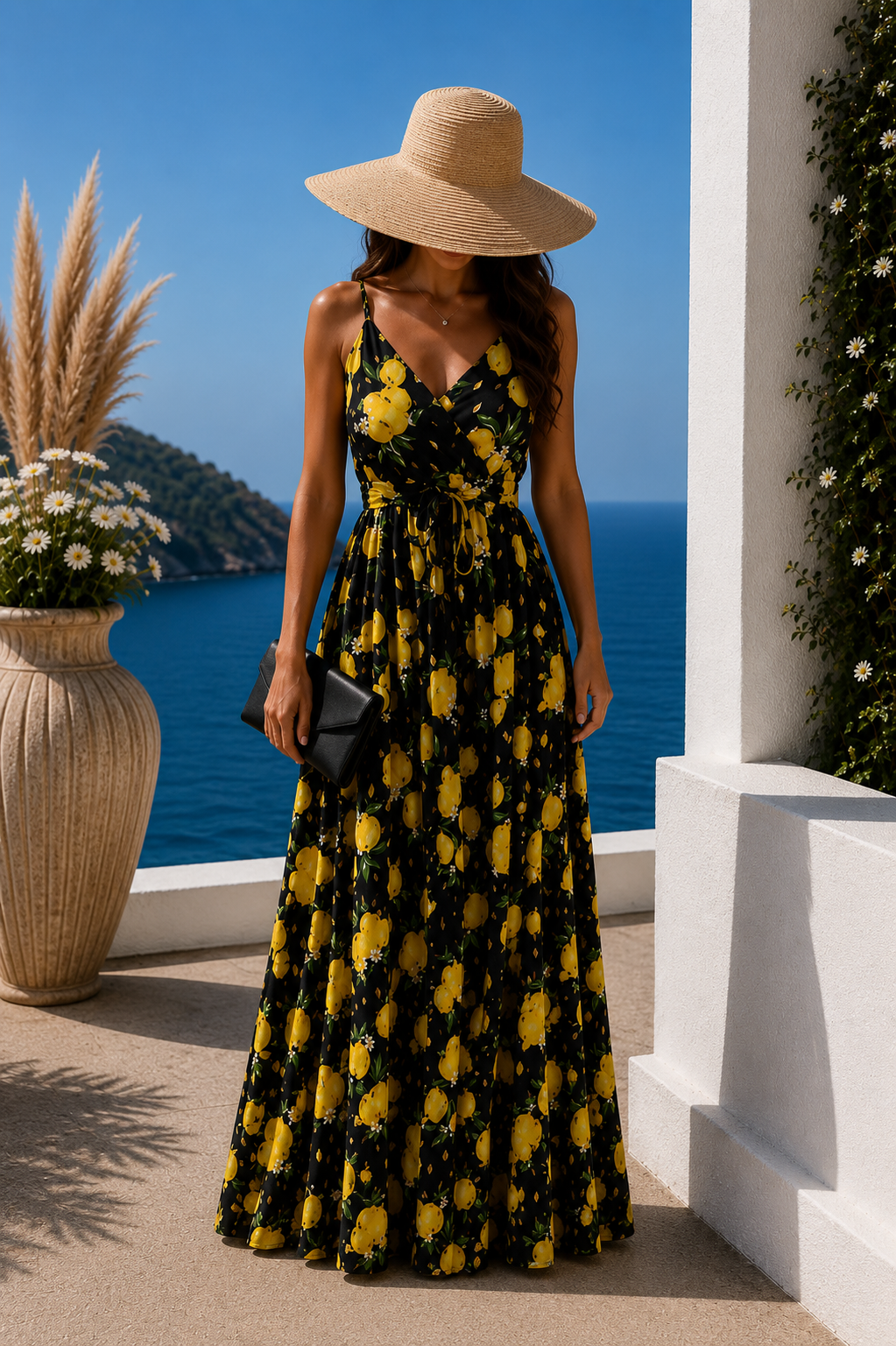 Robe longue noire à motifs citron