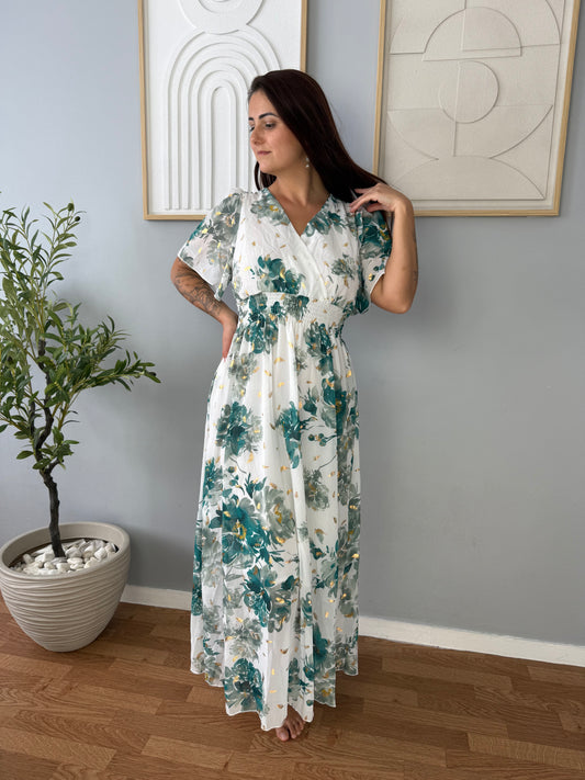 Robe Blanche Longue Motifs Verts LYS