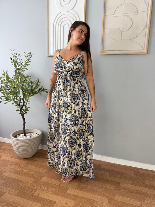 Robe Longue Beige à Imprimé Bleu FLORA