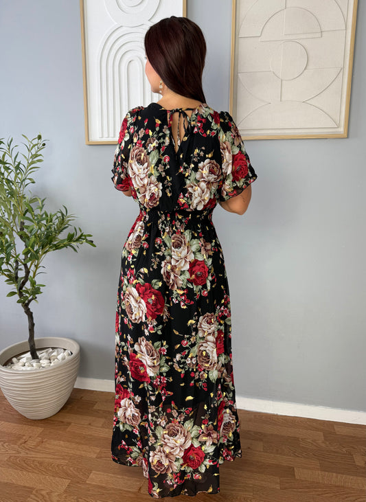 Robe longue noire motifs rouges LYS