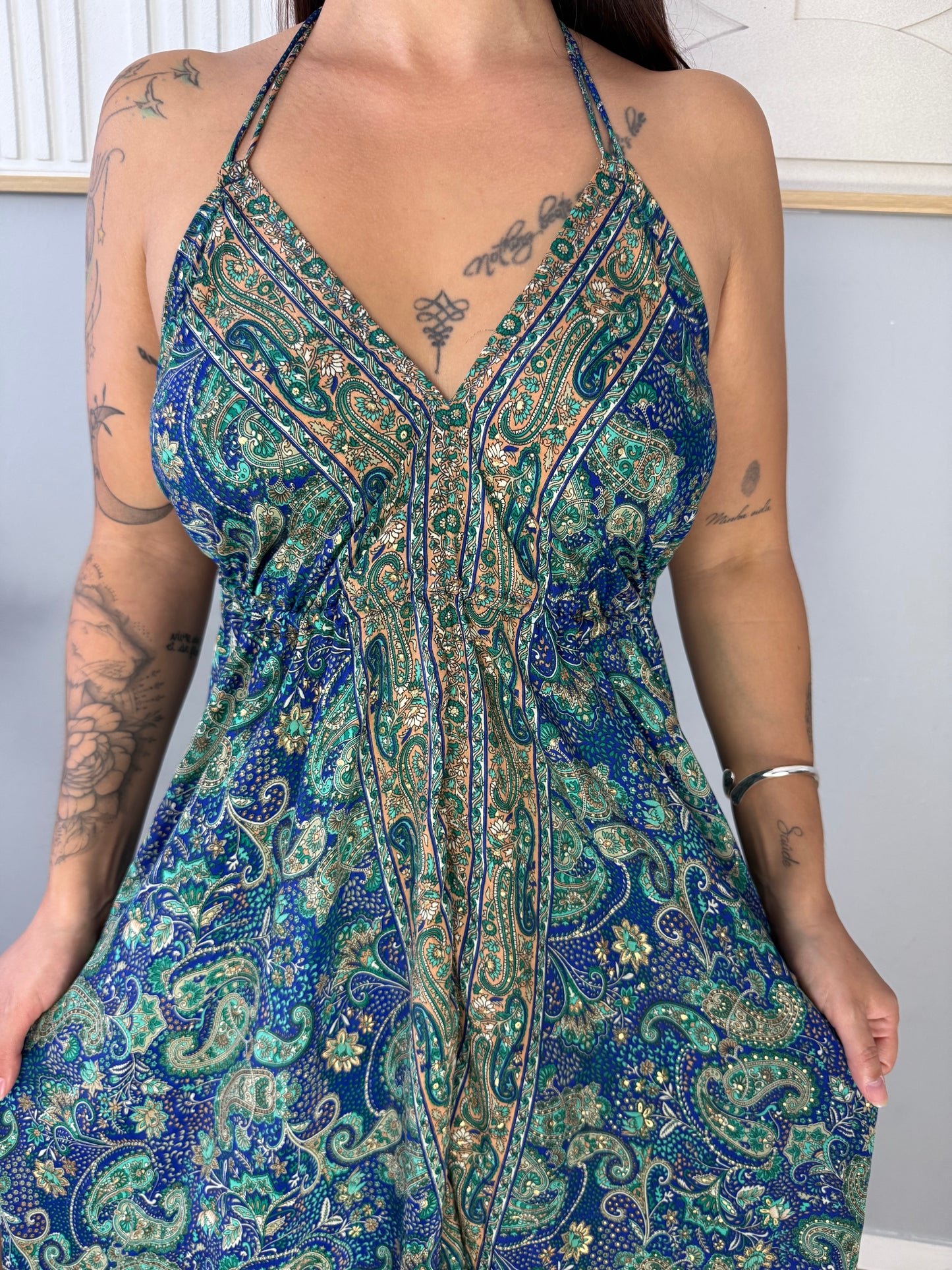 Robe Bohème Bleu Foncé Motifs Verts LYA
