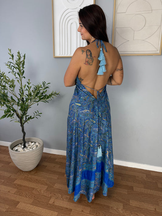 Robe bohème bleu foncé fleurie JASMIN