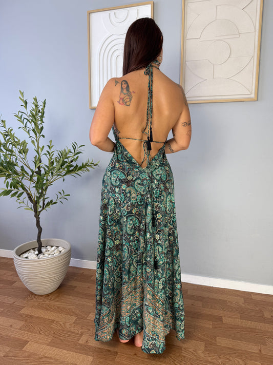 Robe bohème noire motifs verts LYA