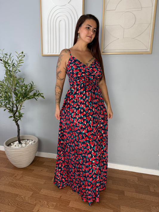 Robe Longue Bleue à Imprimé Rouge FLORA