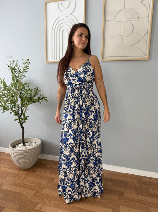 Robe Longue Beige à Imprimé Bleu Foncé FLORA