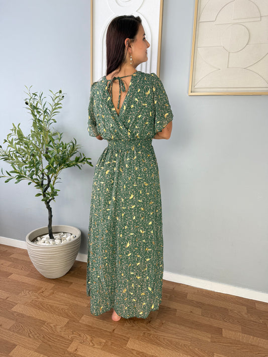 Robe longue verte fleurie LYS