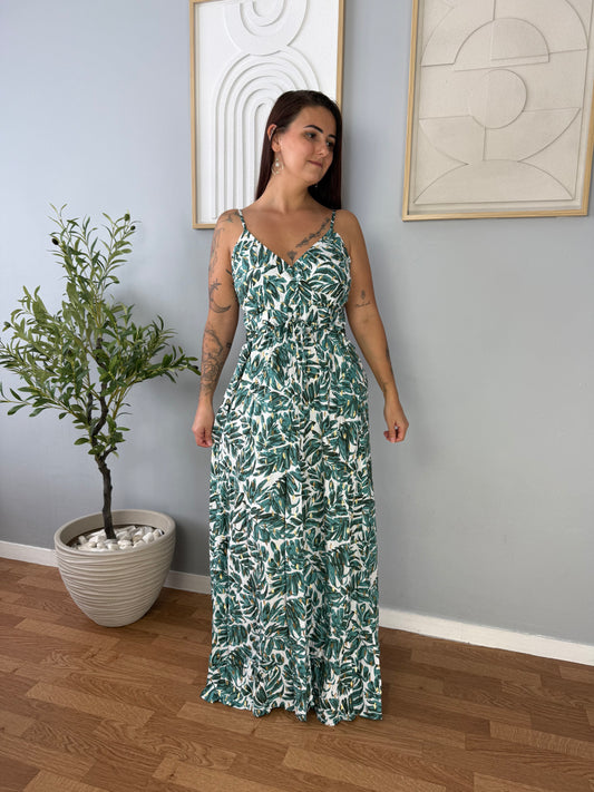 Robe Blanche à Imprimé Vert FLORA