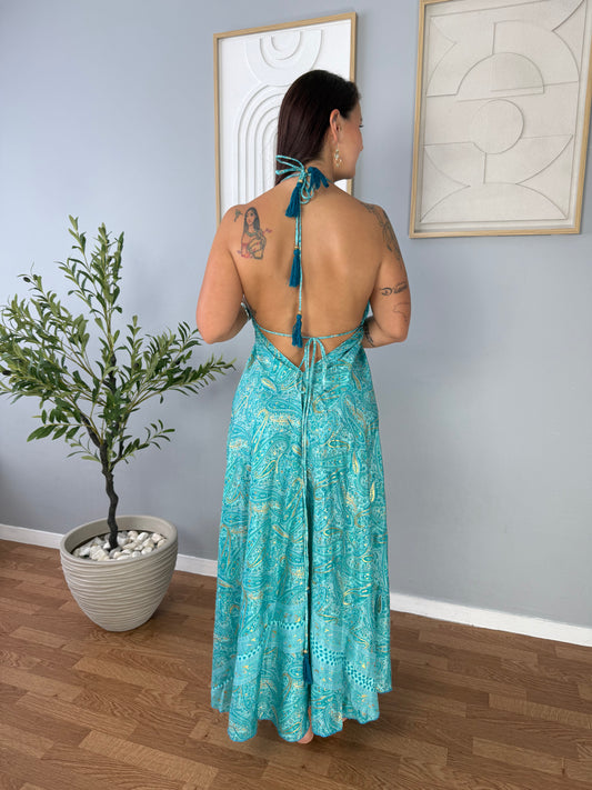 Robe bohème turquoise fleurie JASMIN