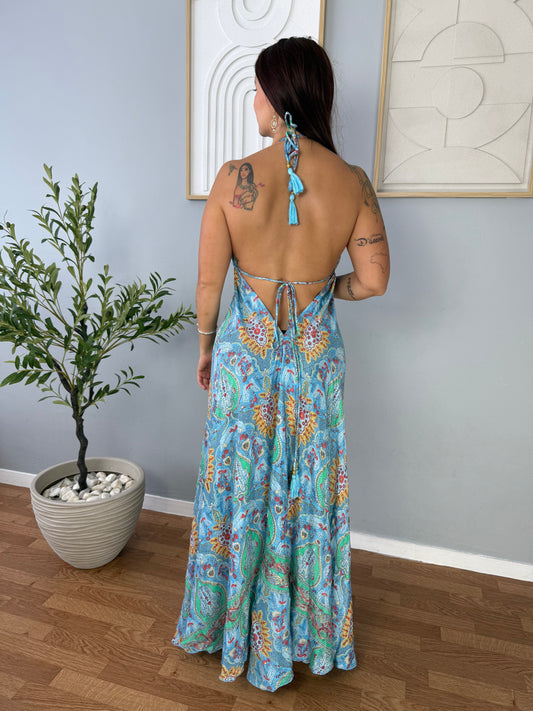 Robe bohème bleu ciel imprimés colorés NINA